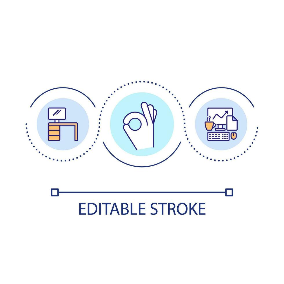 confortável local de trabalho ciclo conceito ícone. conveniências para corporativo funcionário. ordem em escrivaninha abstrato idéia fino linha ilustração. isolado esboço desenho. editável acidente vascular encefálico vetor