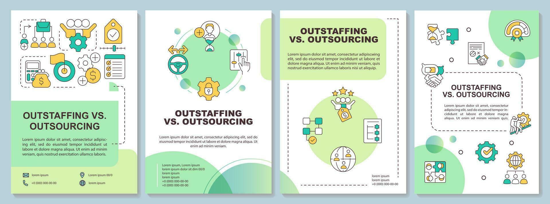 excesso de pessoal e terceirização diferença verde folheto modelo. folheto Projeto com linear ícones. editável 4 vetor layouts para apresentação, anual relatórios