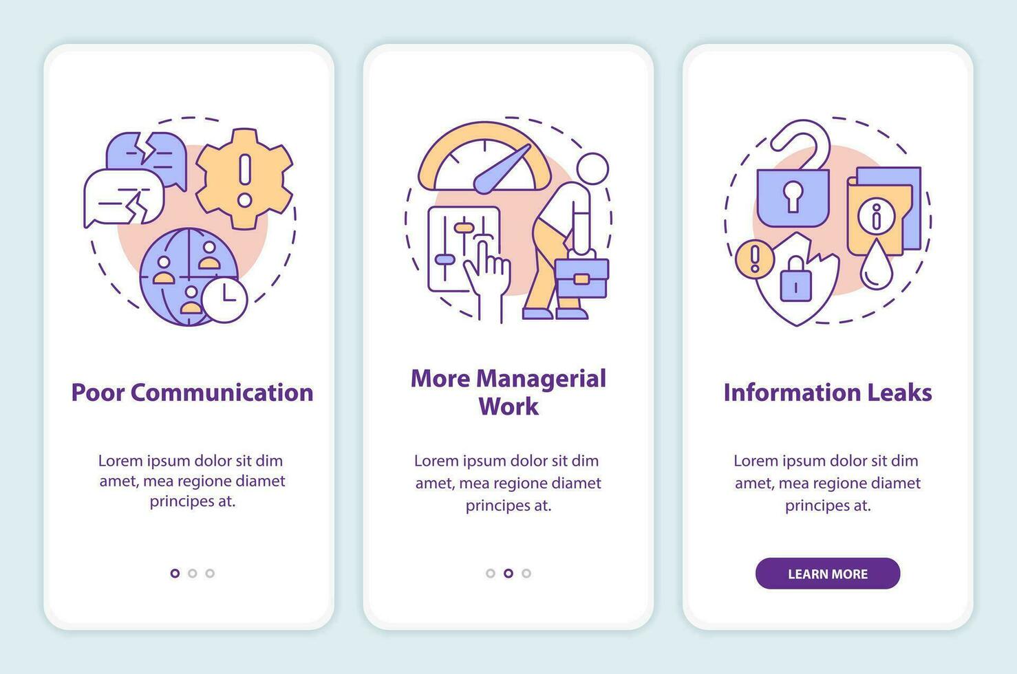 excesso de pessoal desvantagens onboarding Móvel aplicativo tela. dados vazamentos passo a passo 3 passos editável gráfico instruções com linear conceitos. interface do usuário, ux, gui modelo vetor