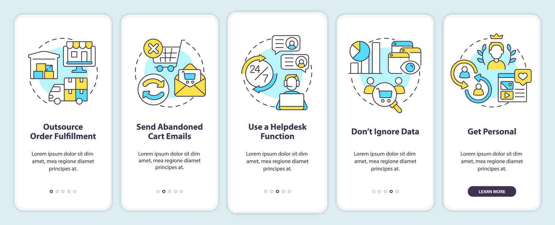 conectados loja gestão dicas onboarding Móvel aplicativo tela. passo a passo 5 passos editável gráfico instruções com linear conceitos. interface do usuário, ux, gui modelo vetor