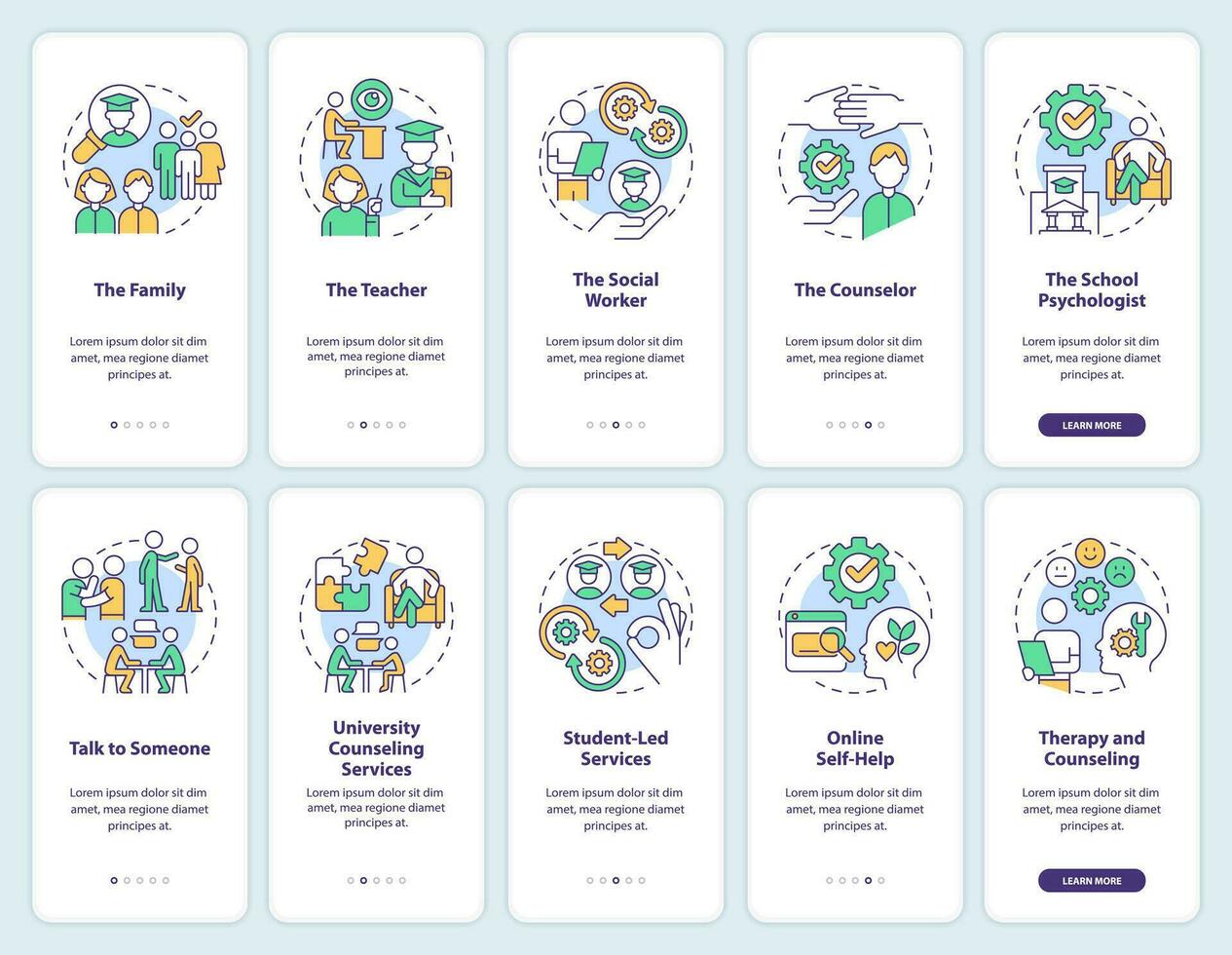 Socorro alunos com mental saúde onboarding Móvel aplicativo tela definir. passo a passo 5 passos editável gráfico instruções com linear conceitos. interface do usuário, ux, gui modelo vetor