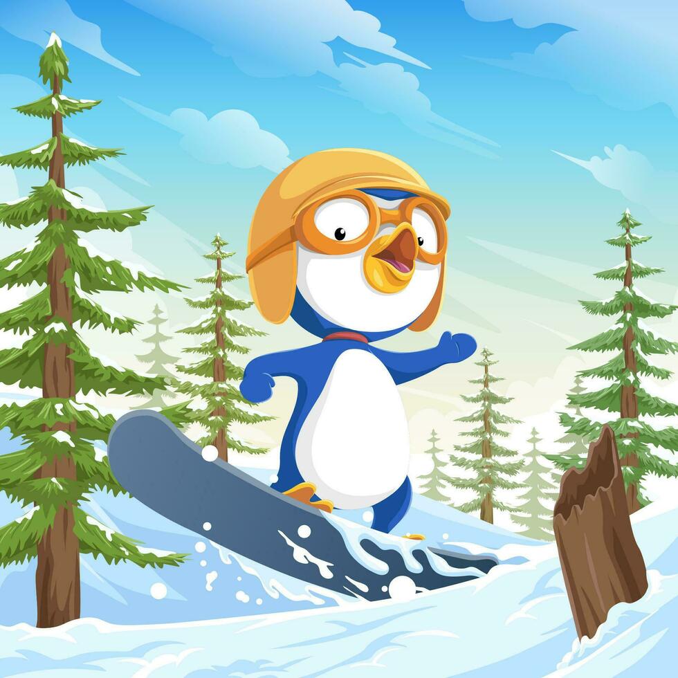 fofa azul pinguim jogar snowboard conceito vetor