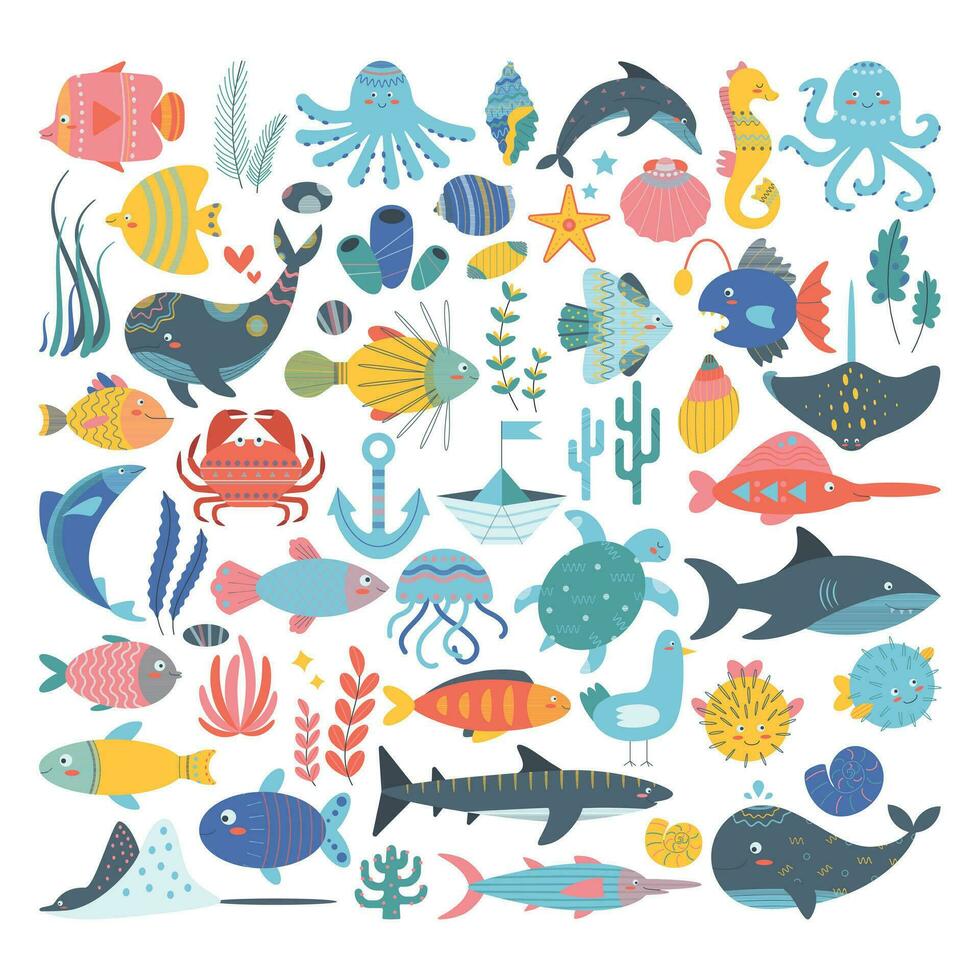 conjunto do algas, cartuchos, polvo, arraia, golfinho, cavalo marinho, peixe-espada, tartaruga, baleia, caranguejo. vetor