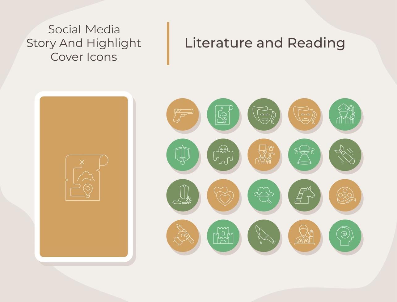 literatura e leitura de histórias de mídia social e conjunto de ícones de capa de destaque vetor