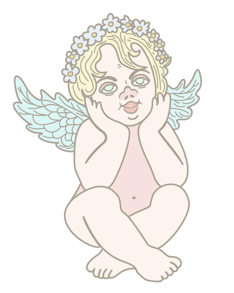 pequeno anjo wuth guirlanda. vetor isolado ilustração.