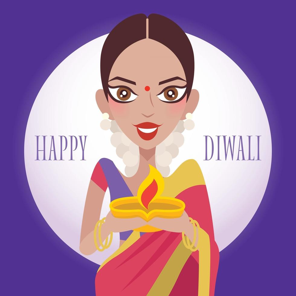 linda senhora indiana segurando uma lâmpada de argila diya celebrando o diwali ou deepavali vetor