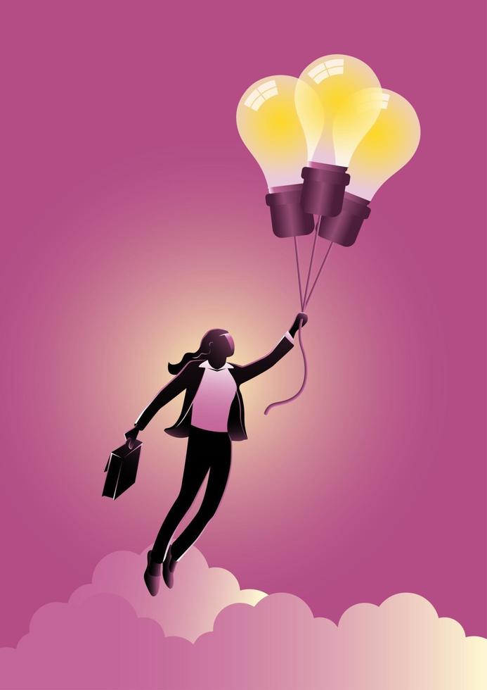 empresária voando em balões de ideia ou lâmpada vetor