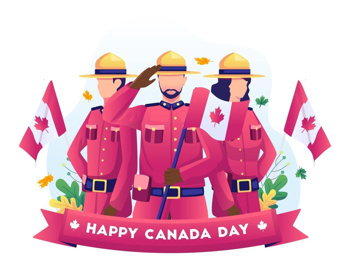 Soldados canadenses comemoram o Dia da Independência do Canadá com bandeiras nacionais em ilustração em 1º de julho vetor