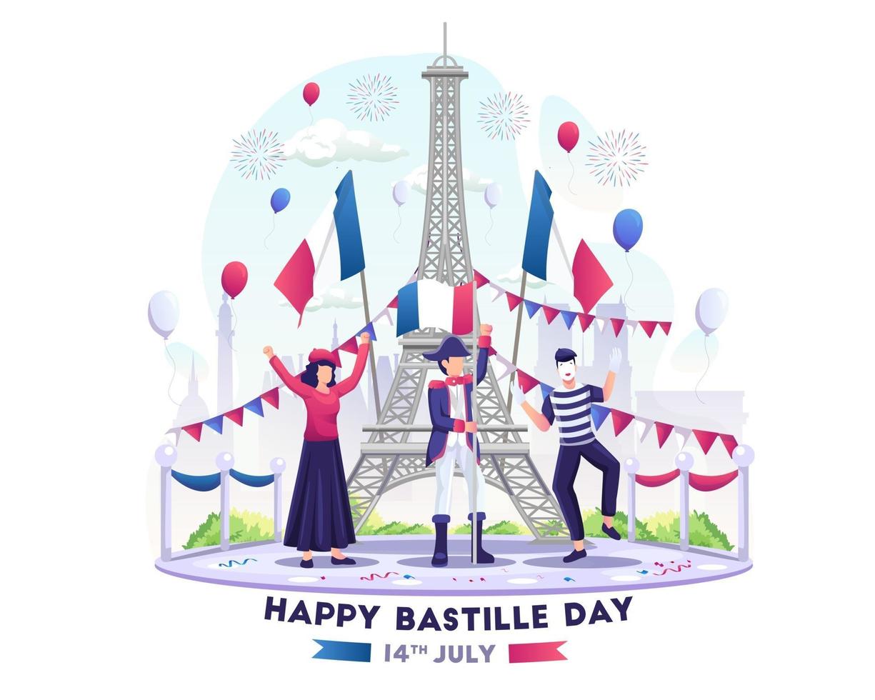 pessoas felizes comemoram o dia da bastilha em 14 de julho, dia nacional da França. vetor