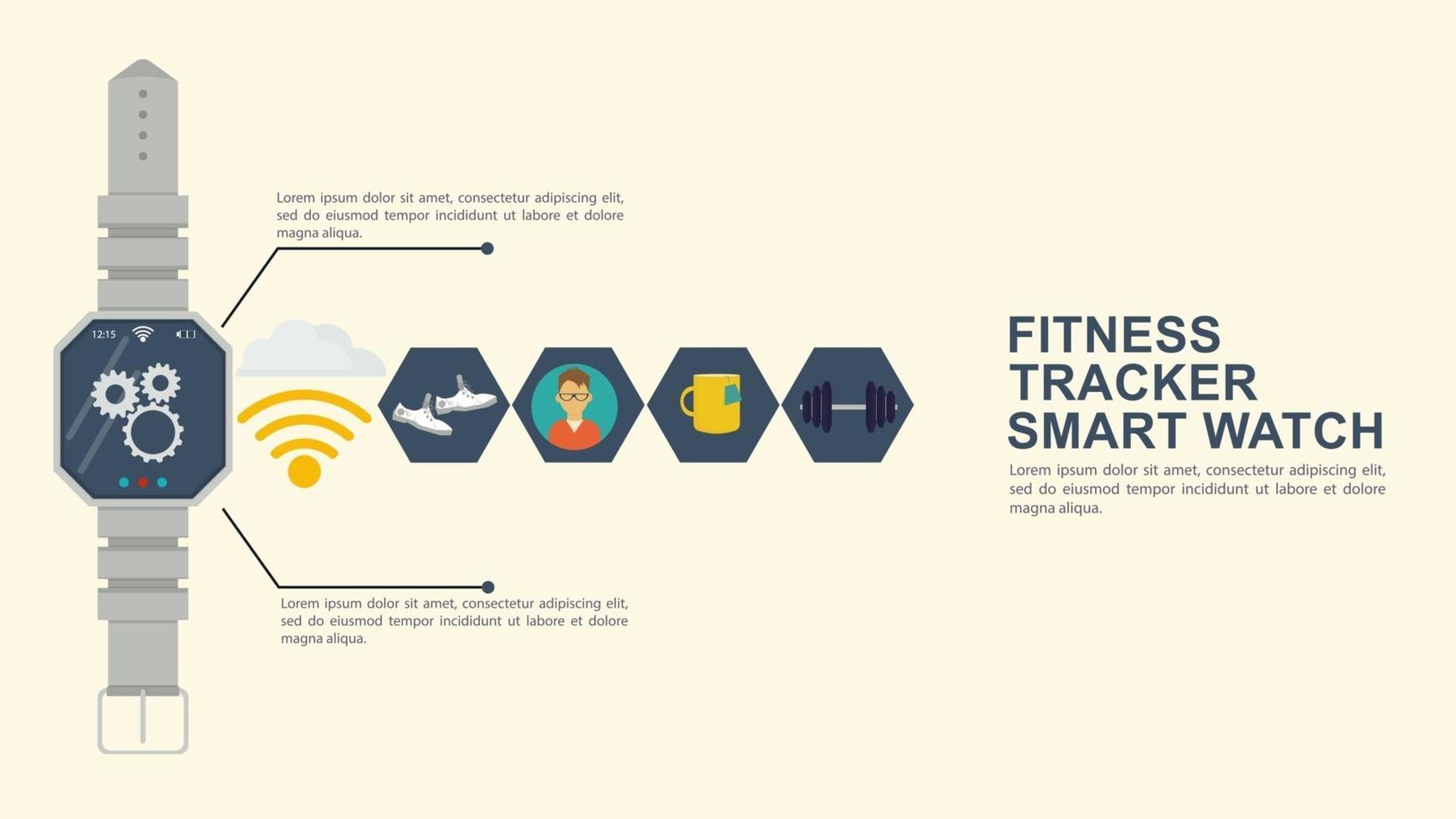 iconografia para ícones de rastreador de fitness de relógio inteligente de design plano com a imagem do equipamento de ações de funcionalidade e um local para inserir texto vetor