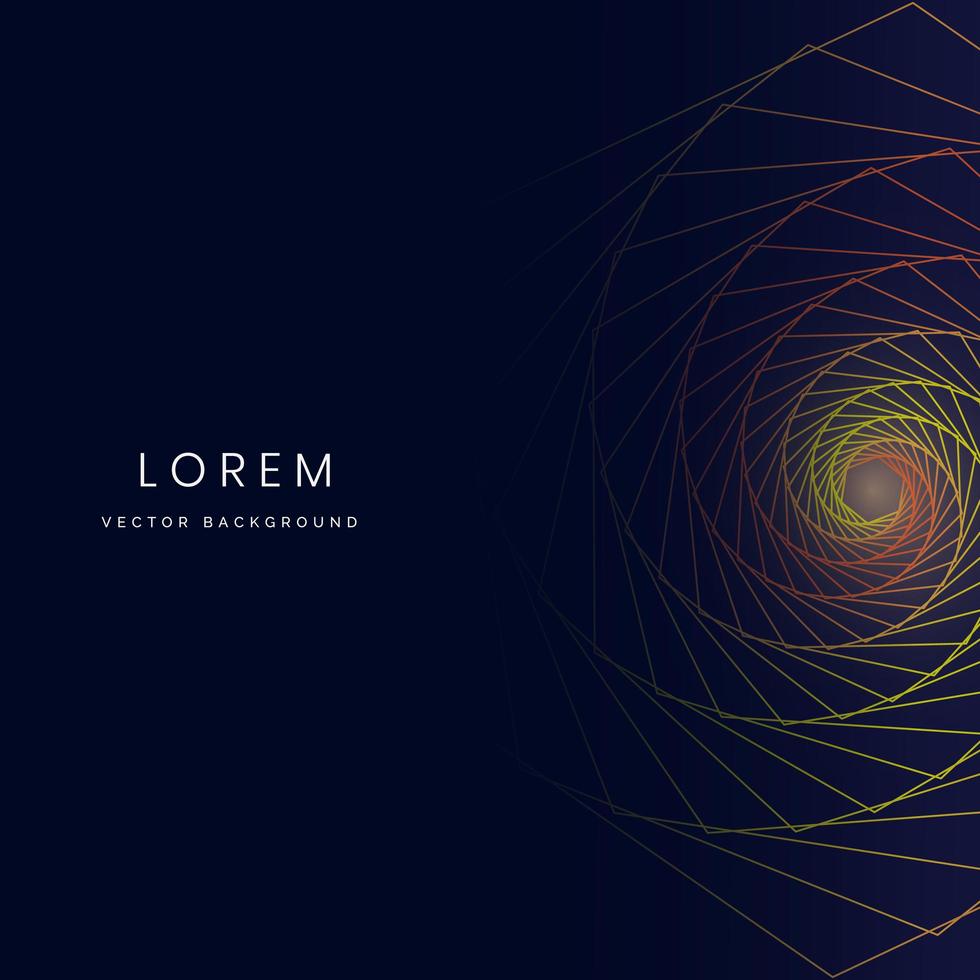 linhas abstratas hexágono amarelo e laranja em fundo azul escuro com espaço de cópia para o conceito de ciência de tecnologia de texto vetor