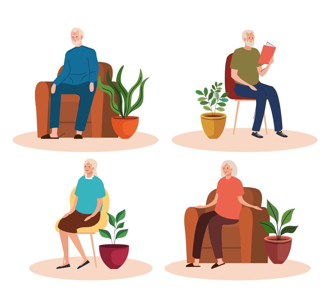 grupo de idosos sentados em cadeiras e sofás personagens vetor