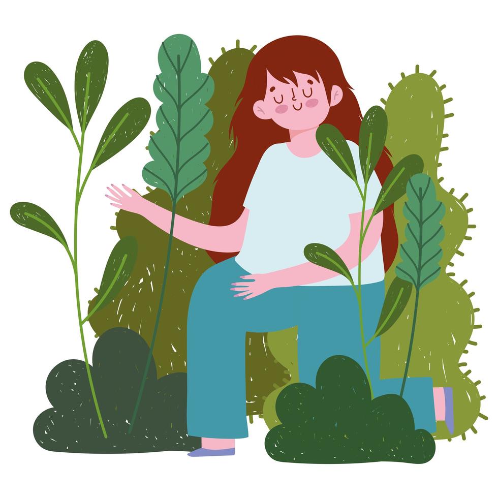 garota feliz no jardim com desenho de folhagem de plantas vetor