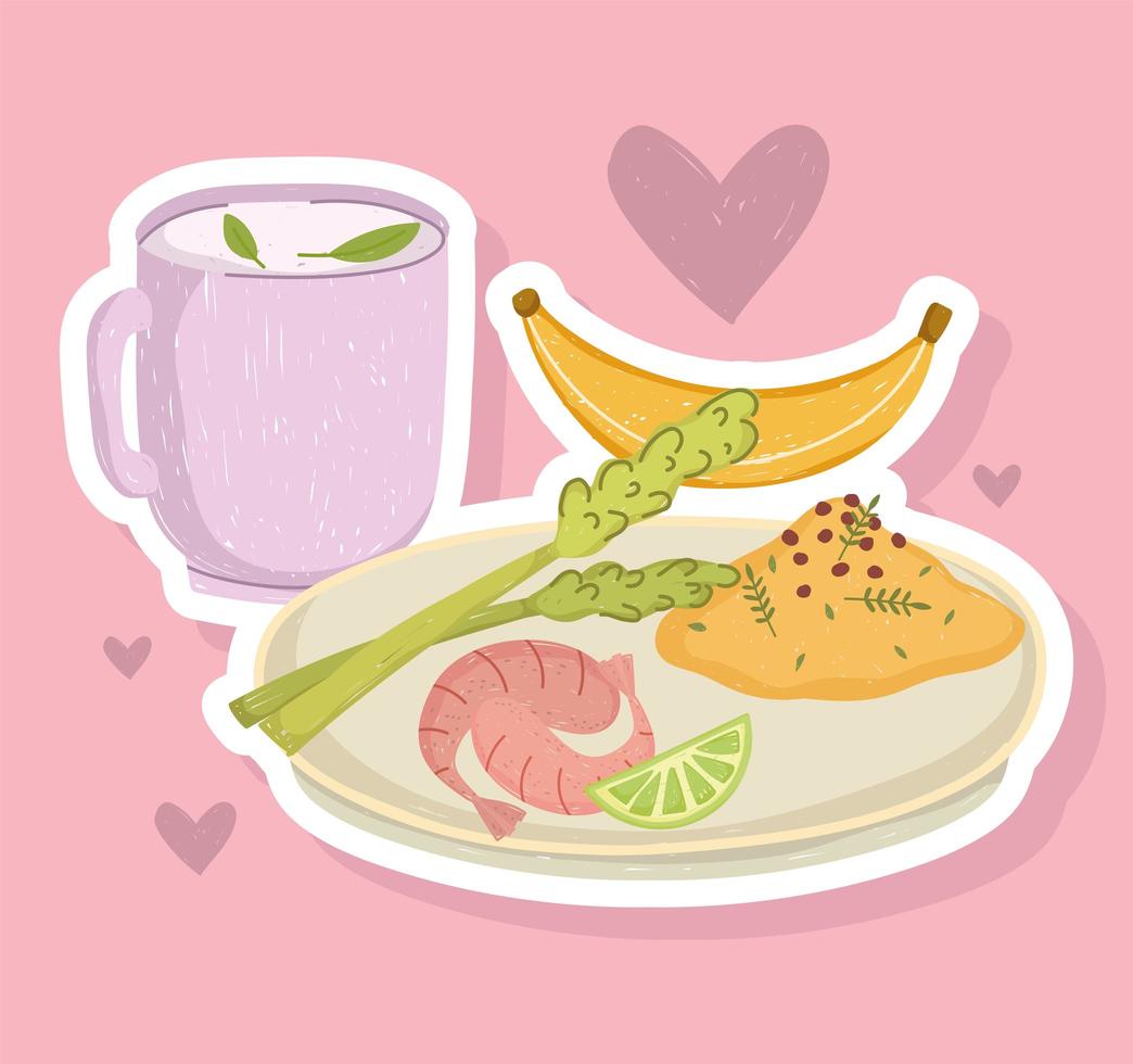 comida saudável jantar com salada de camarão, banana e xícara de chá vetor
