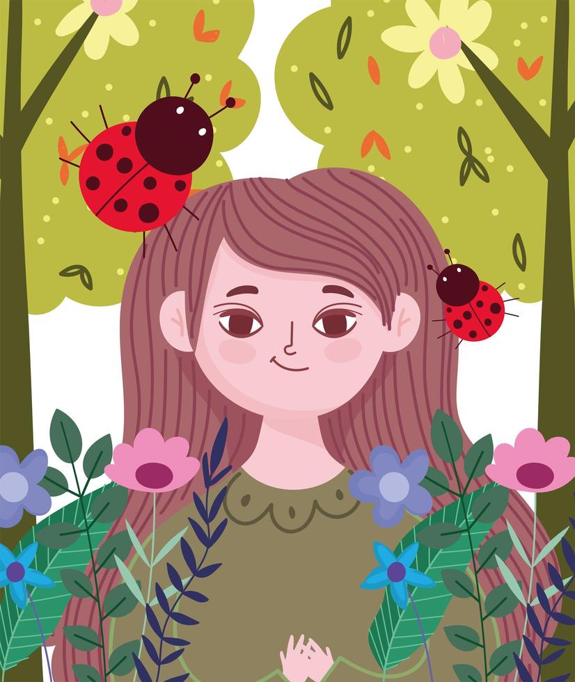 mulher desenho animado com joaninha flores árvore natureza folhagem primavera vetor