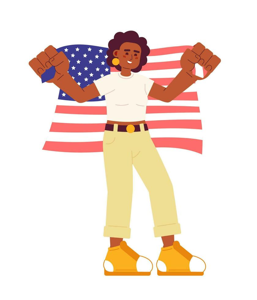4º do Julho celebração plano vetor local ilustração. africano americano mulher segurando americano bandeira 2d desenho animado personagem em branco para rede ui Projeto. patriota isolado editável criativo herói imagem
