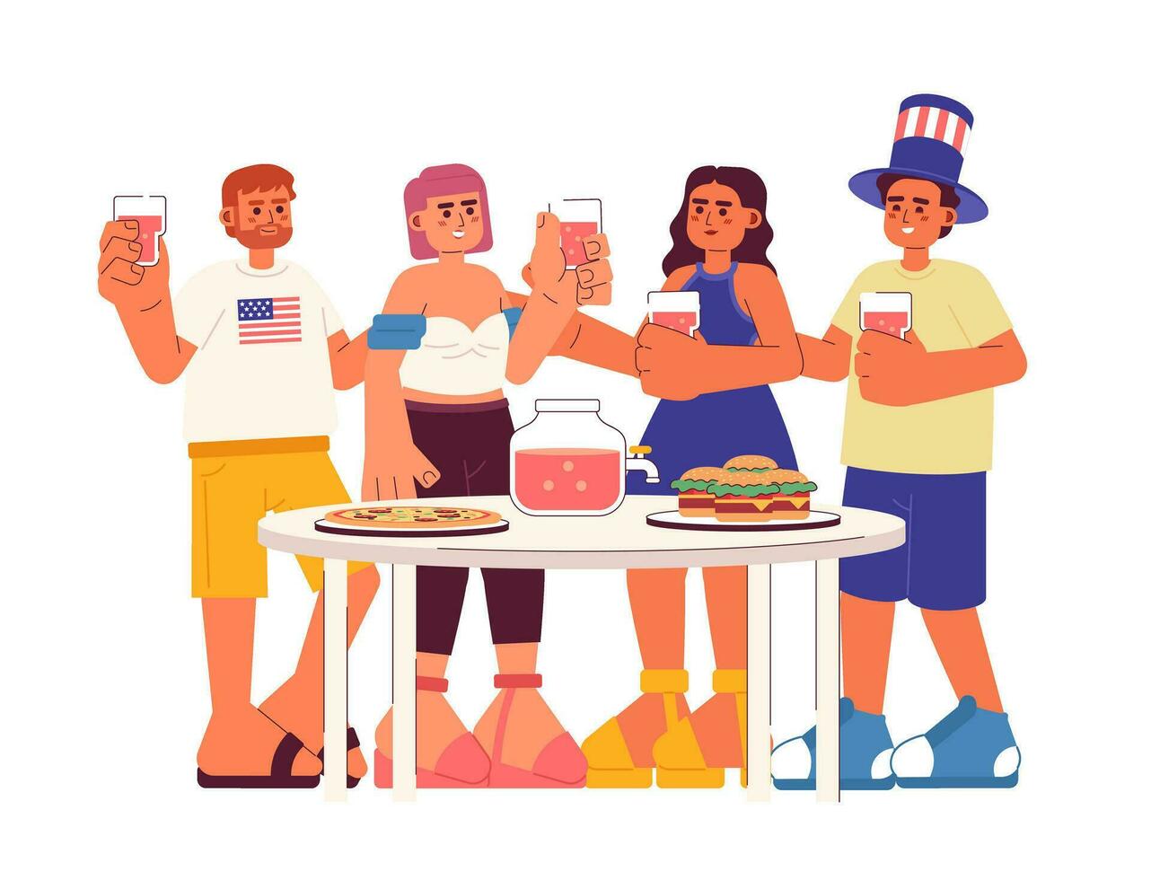 independência dia festa plano vetor local ilustração. multicultural amigos a comemorar feliz 4º Julho 2d desenho animado personagens em branco para rede ui Projeto. churrasco isolado editável criativo herói imagem