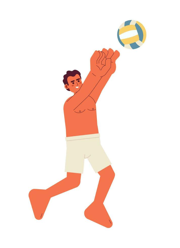 masculino voleibol jogador cravar semi plano colorida vetor personagem. roupa de banho latino homem pulando com bola. editável cheio corpo pessoa em branco. simples desenho animado local ilustração para rede gráfico Projeto