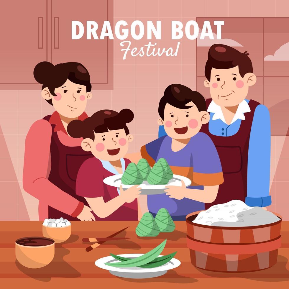 família feliz fazendo bolinho de arroz zongzi vetor