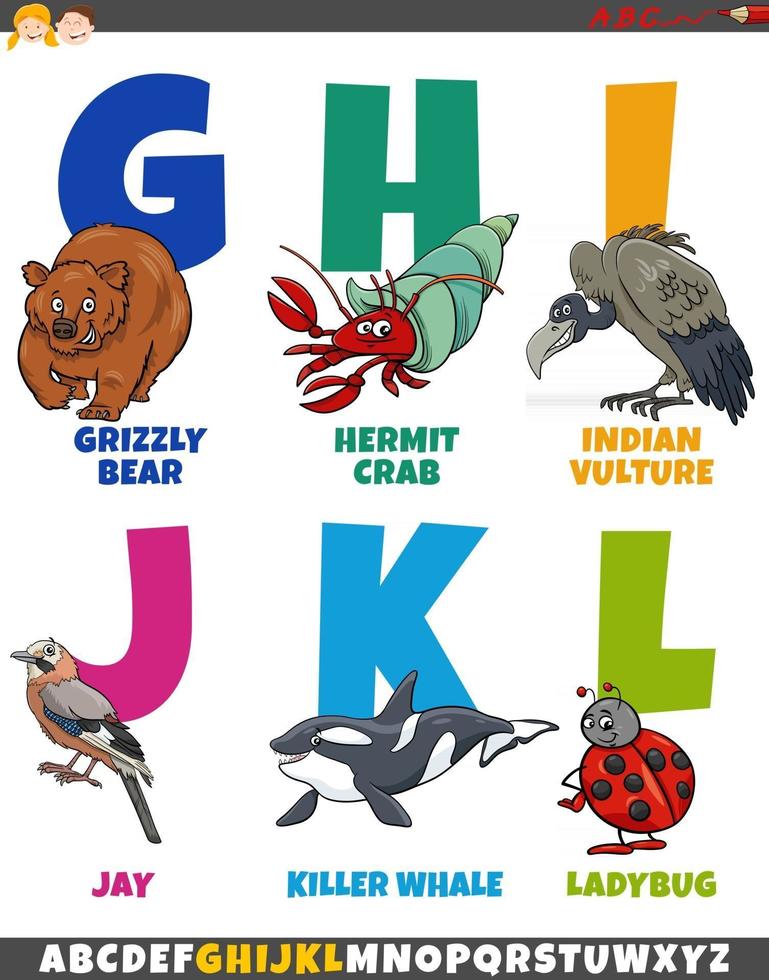 Alfabeto de desenho animado com personagens de animais engraçados vetor