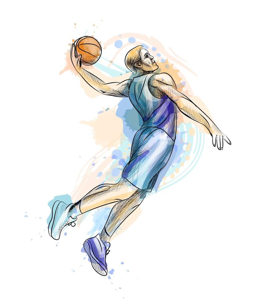 jogador de basquete abstrato com a bola de um toque de aquarela desenho desenhado à mão ilustração vetorial de tintas vetor