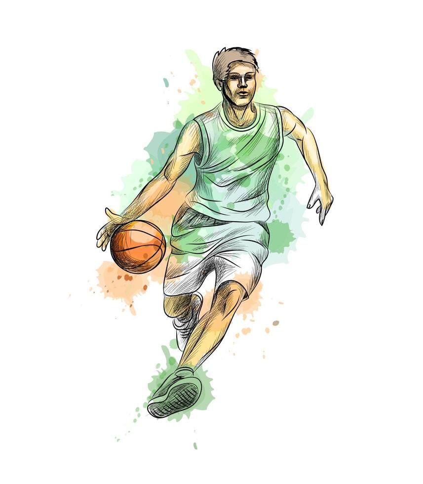 jogador de basquete abstrato com a bola de um toque de aquarela desenho desenhado à mão ilustração vetorial de tintas vetor