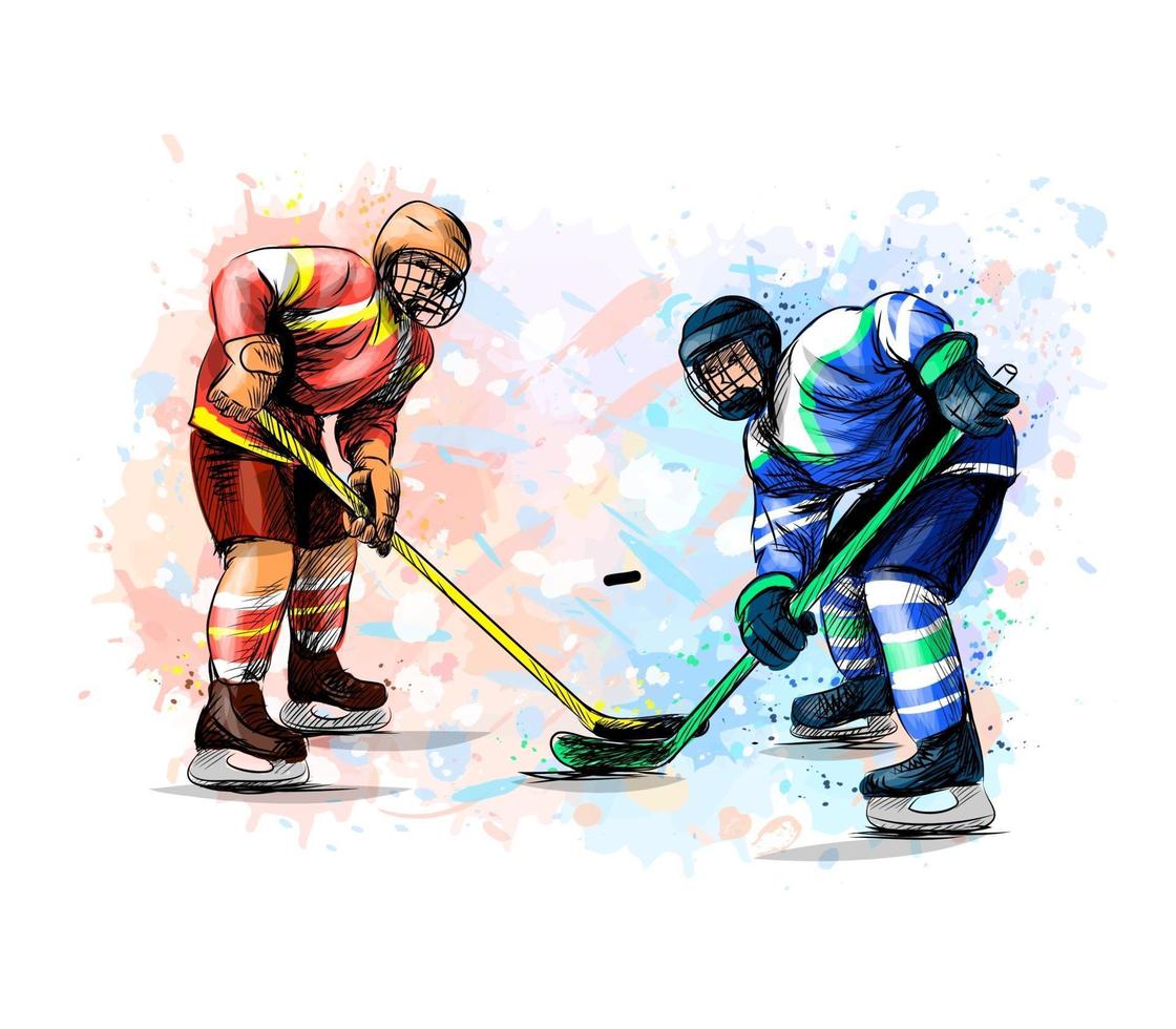 jogador de hóquei abstrato com respingo de aquarelas esboço desenhado à mão esporte de inverno ilustração vetorial de tintas vetor