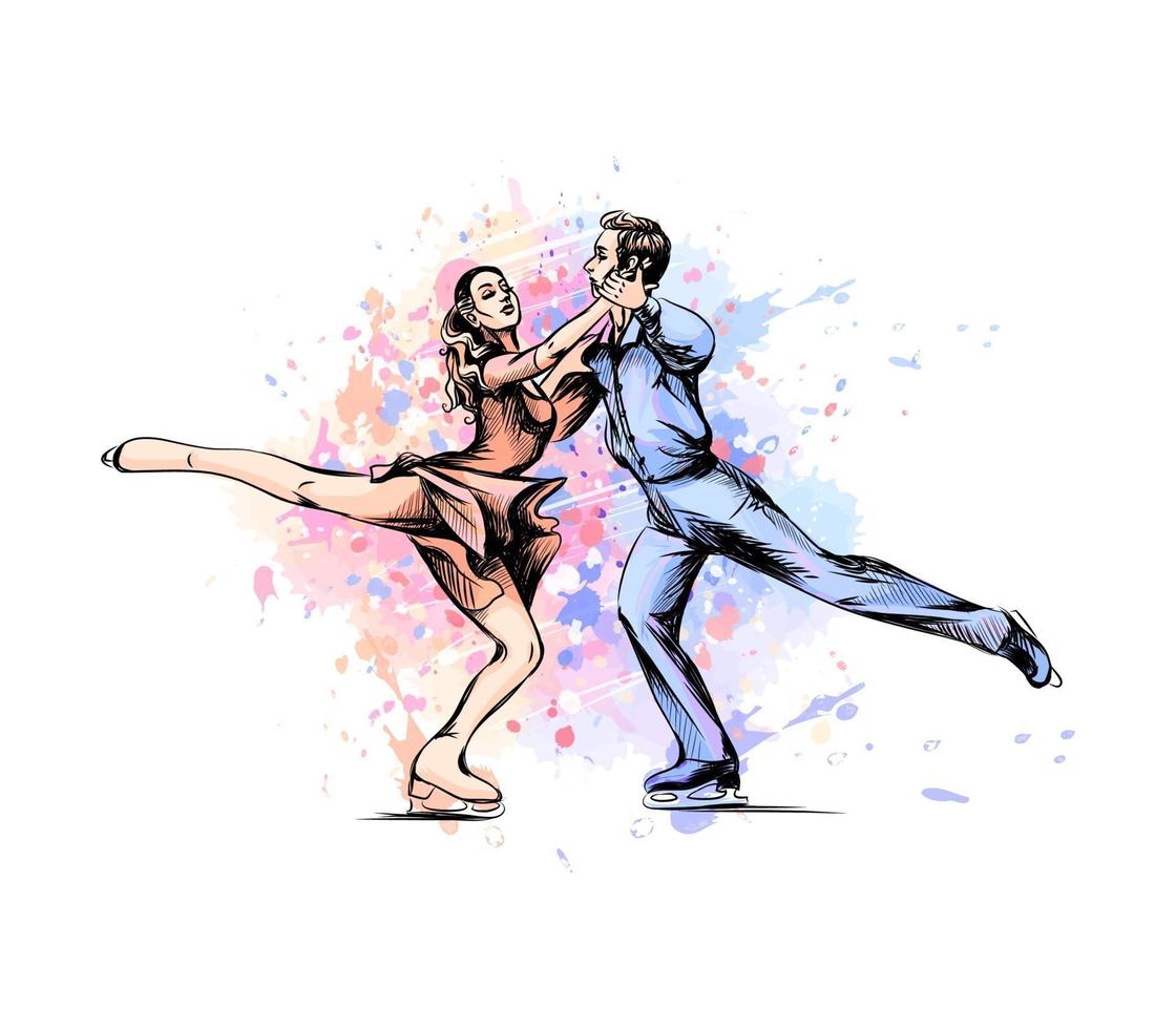esporte de inverno abstrato patinação artística jovem casal patinadores do respingo de aquarelas esporte de inverno ilustração vetorial de tintas vetor