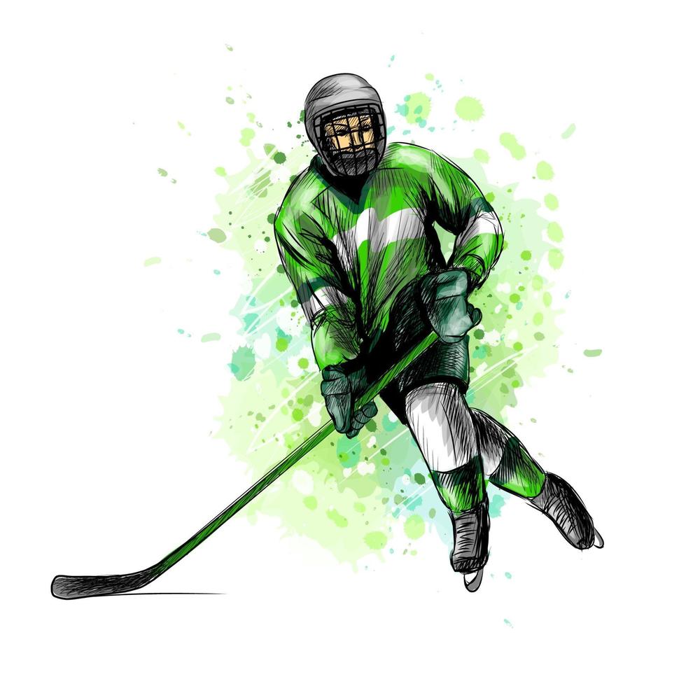 jogador de hóquei abstrato com respingo de aquarelas esboço desenhado à mão esporte de inverno ilustração vetorial de tintas vetor