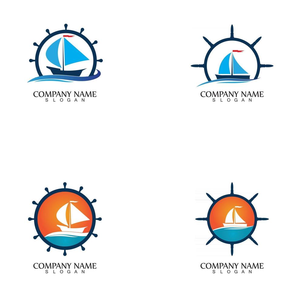 volante do leme do navio e do barco no símbolo do logotipo das ondas água oceano vetor