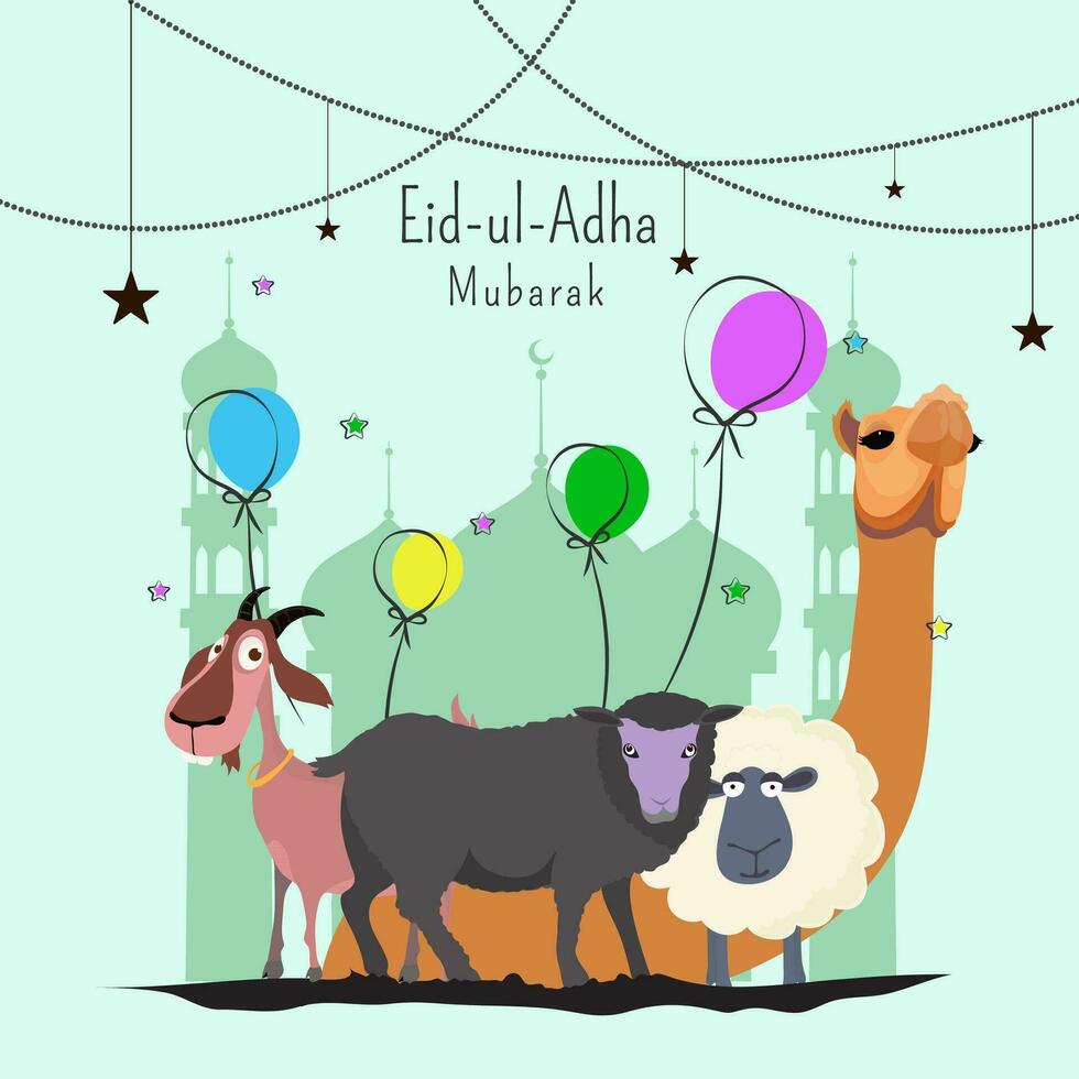 eid ul adha Mubarak cumprimento cartão decorado com estrelas, colorida balões e desenho animado animal personagens em silhueta mesquita luz ciano fundo. vetor