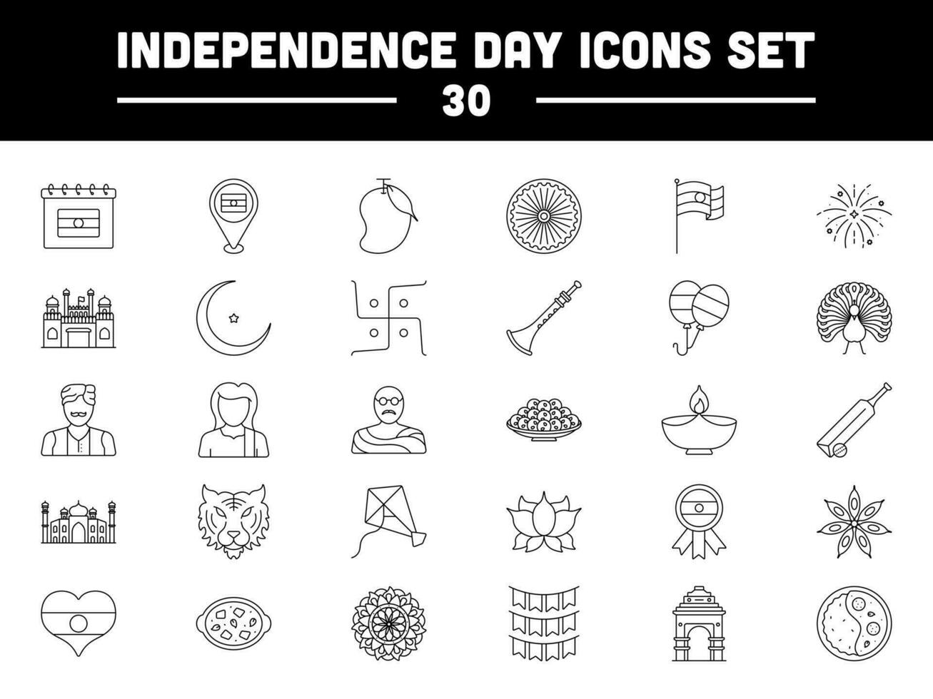 30 indiano nacional símbolo ou ícone dentro Preto linear estilo. vetor