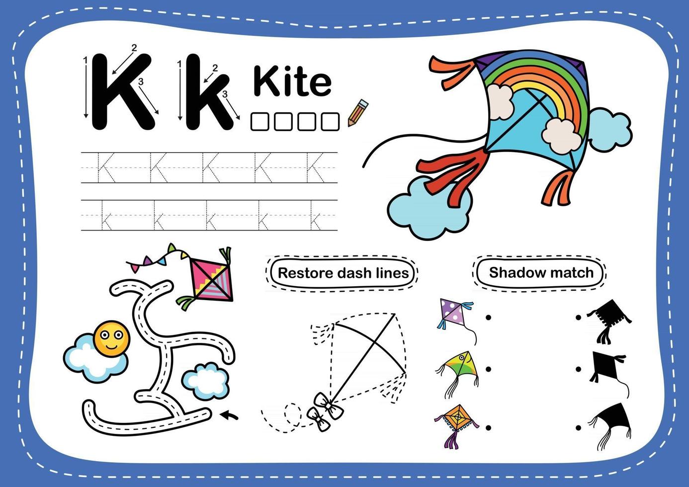 letra do alfabeto k kite exercício com ilustração vetorial de vocabulário de desenho animado vetor