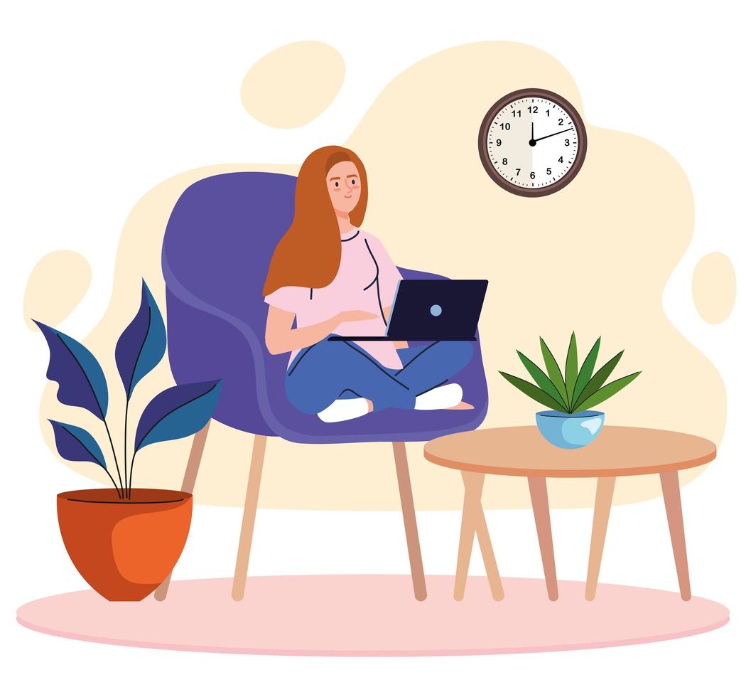 jovem trabalhadora freelancer sentada no sofá com uma personagem de laptop vetor