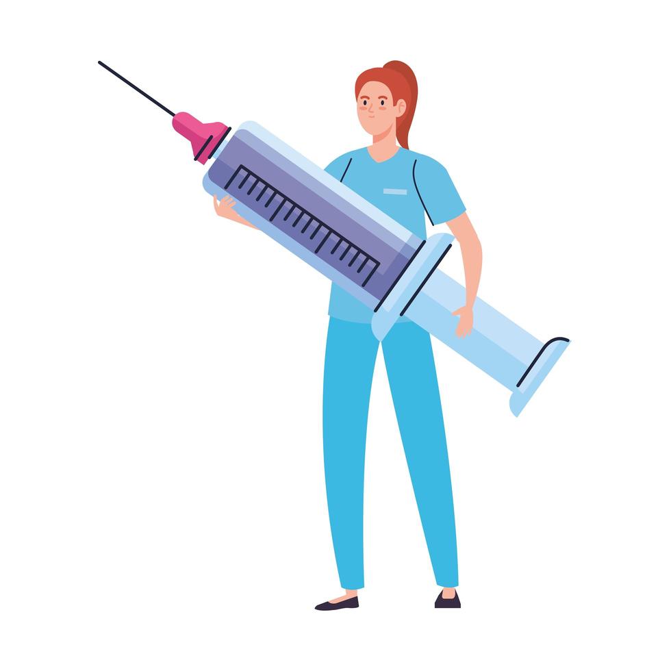médica com personagem de seringa de vacina vetor