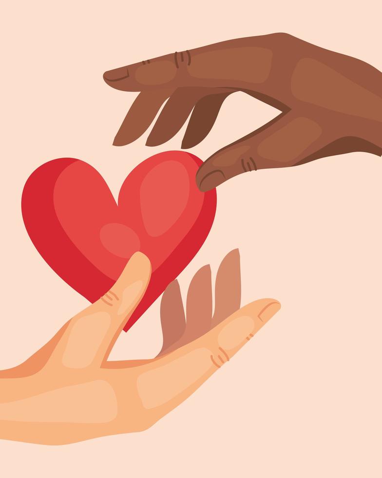 mãos inter-raciais humanos segurando um ícone de amor e coração vetor