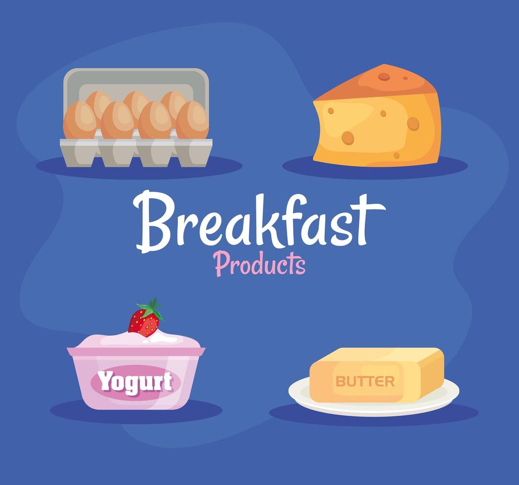 pacote de quatro ícones de produtos deliciosos para café da manhã vetor