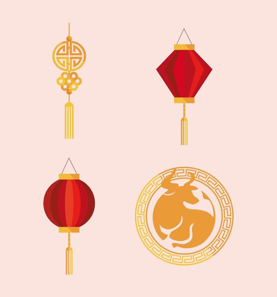 lâmpadas chinesas e ícones de decoração dourada vetor