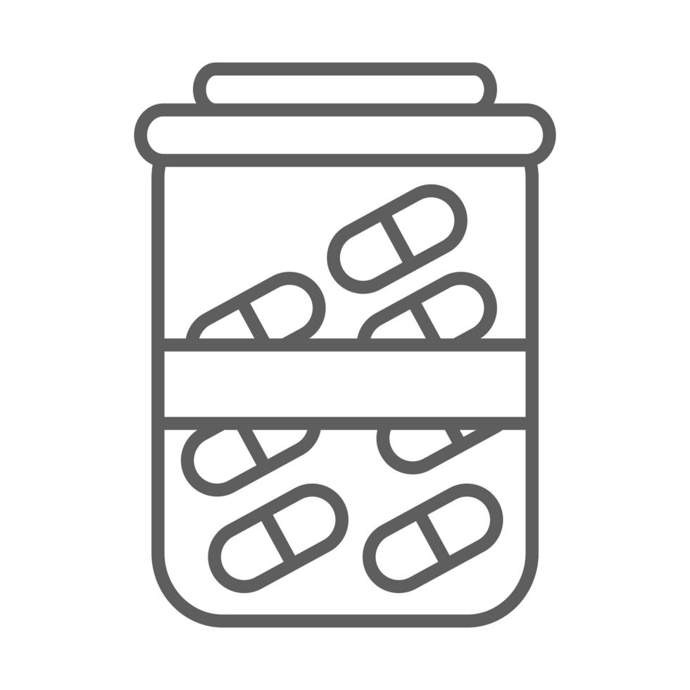 recipiente de plástico médico para fundo branco do ícone da linha de comprimidos vetor