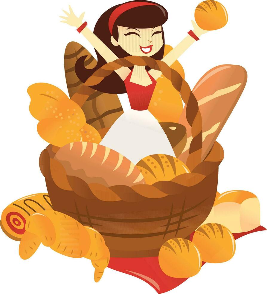 desenho animado mulher pulando pão cesta vetor