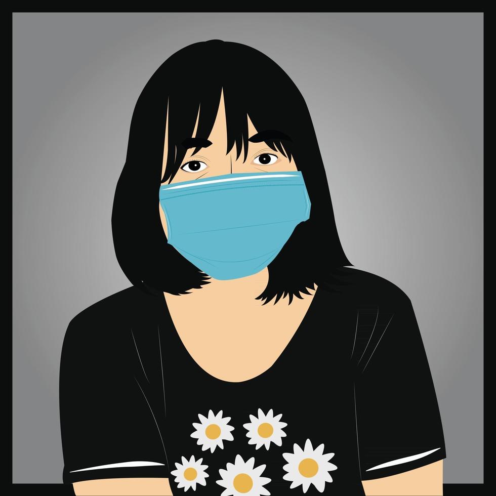 ilustração anime desenho animado elegante indie cabelo curto garota usando máscara cirúrgica azul se protegendo do corona vírus covid19 plano de fundo cinza vetor