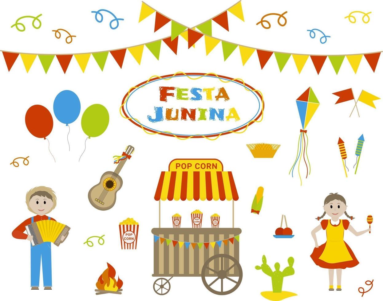 conjunto de elementos para festa junina vila festival no brasil decoração plana de vetor