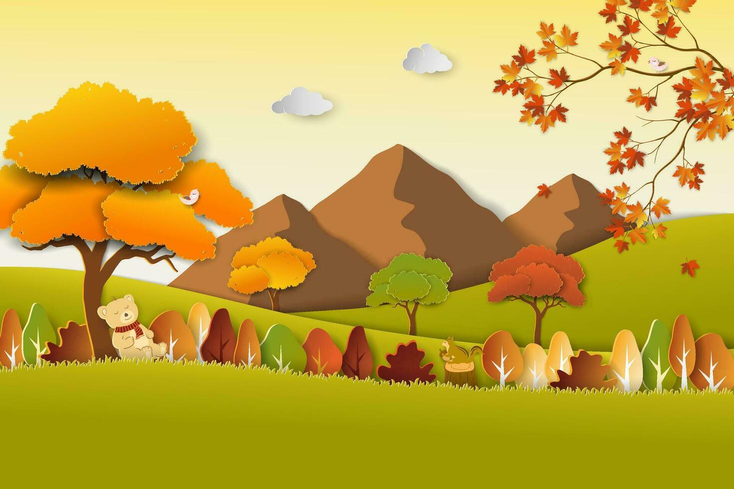 viagem com natureza cenário em outono paisagem, papel arte colorida árvores e folhas em outono estação vetor