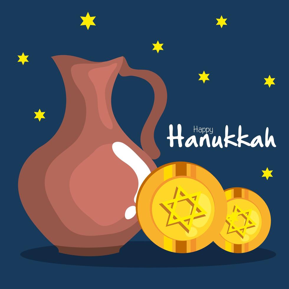 jarro de óleo hanukkah feliz e design de vetor gelt