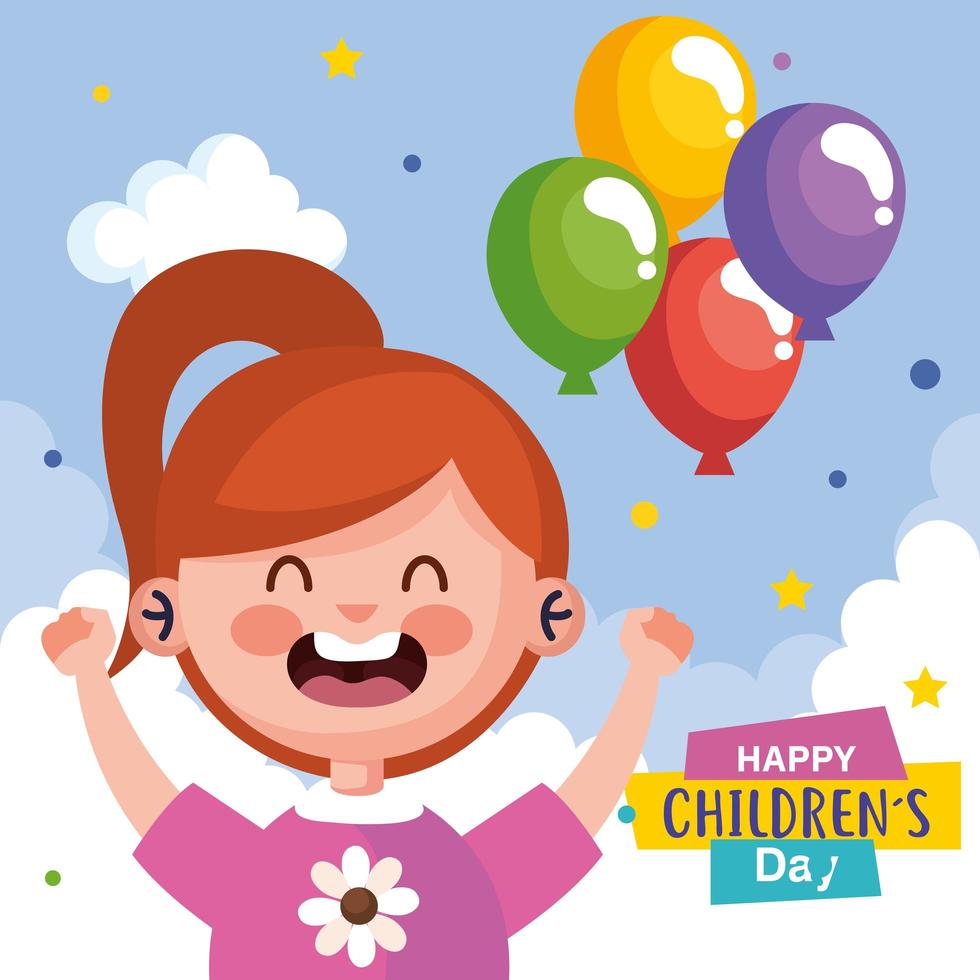 feliz dia das crianças com desenho de menina e desenho vetorial de balões vetor