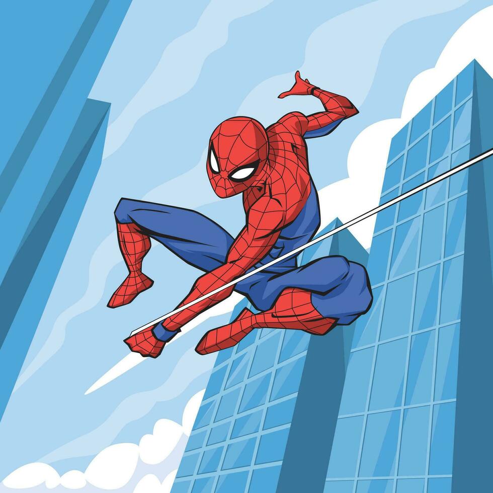 herói com vermelho mas aranha balanço sobre a cidade vetor