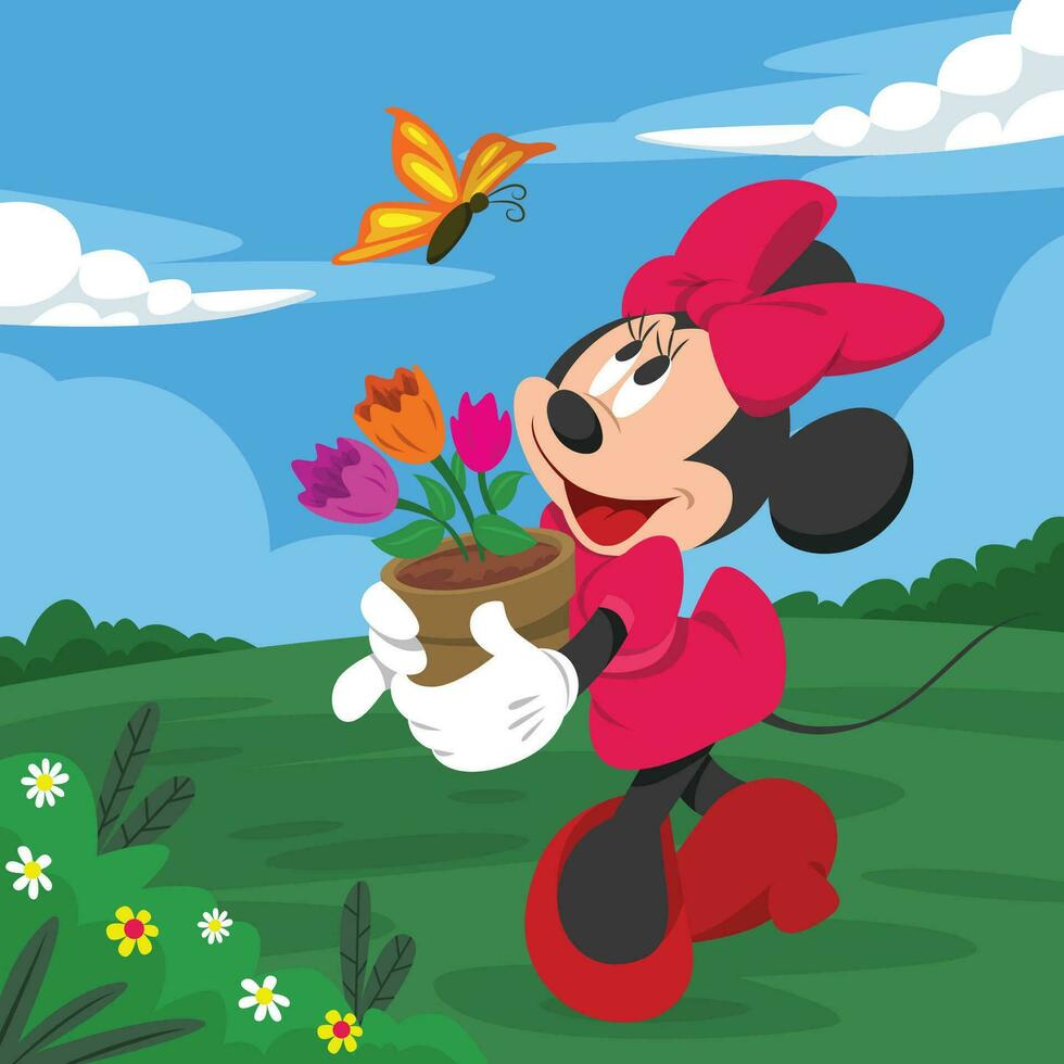 bonita pequeno rato tendo Diversão com flor e borboleta vetor