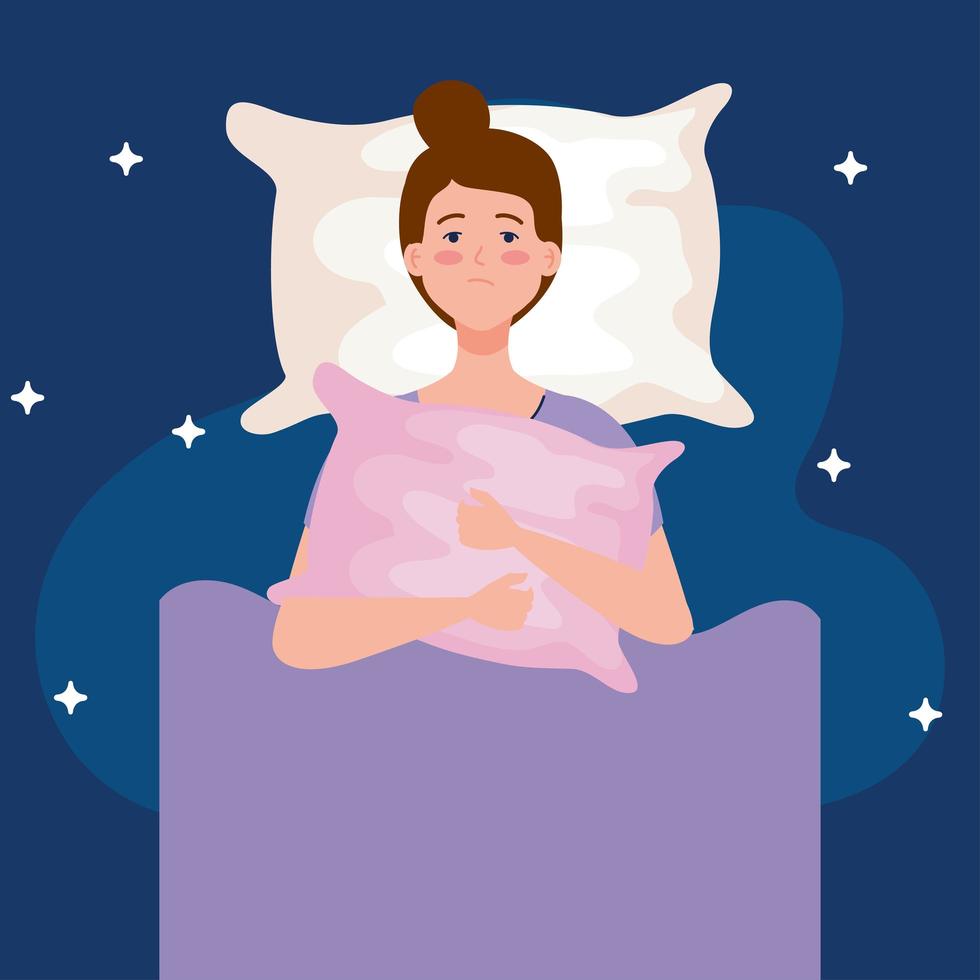 mulher com insônia na cama com desenho vetorial de travesseiro vetor