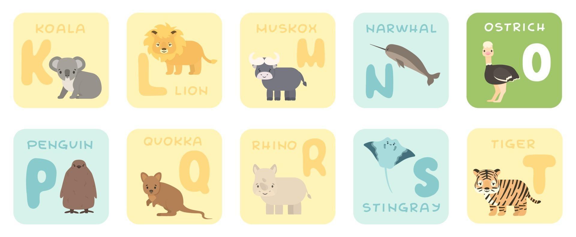 Cartões de alfabeto kt fofos com desenhos animados de animais africanos de savana com ilustrações de zoológico vetor