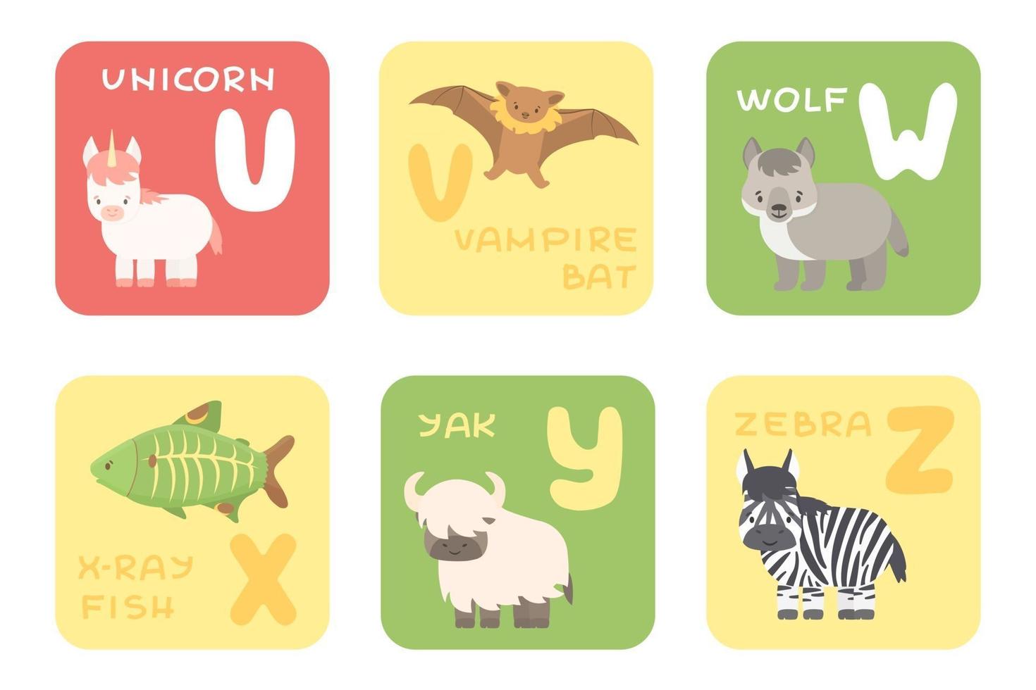 Vetor fofo uz zoo alfabeto isolado cartões educacionais com animais de desenho animado unicórnio vampiro morcego lobo raio x peixe iaque animais zebra em estilo simples